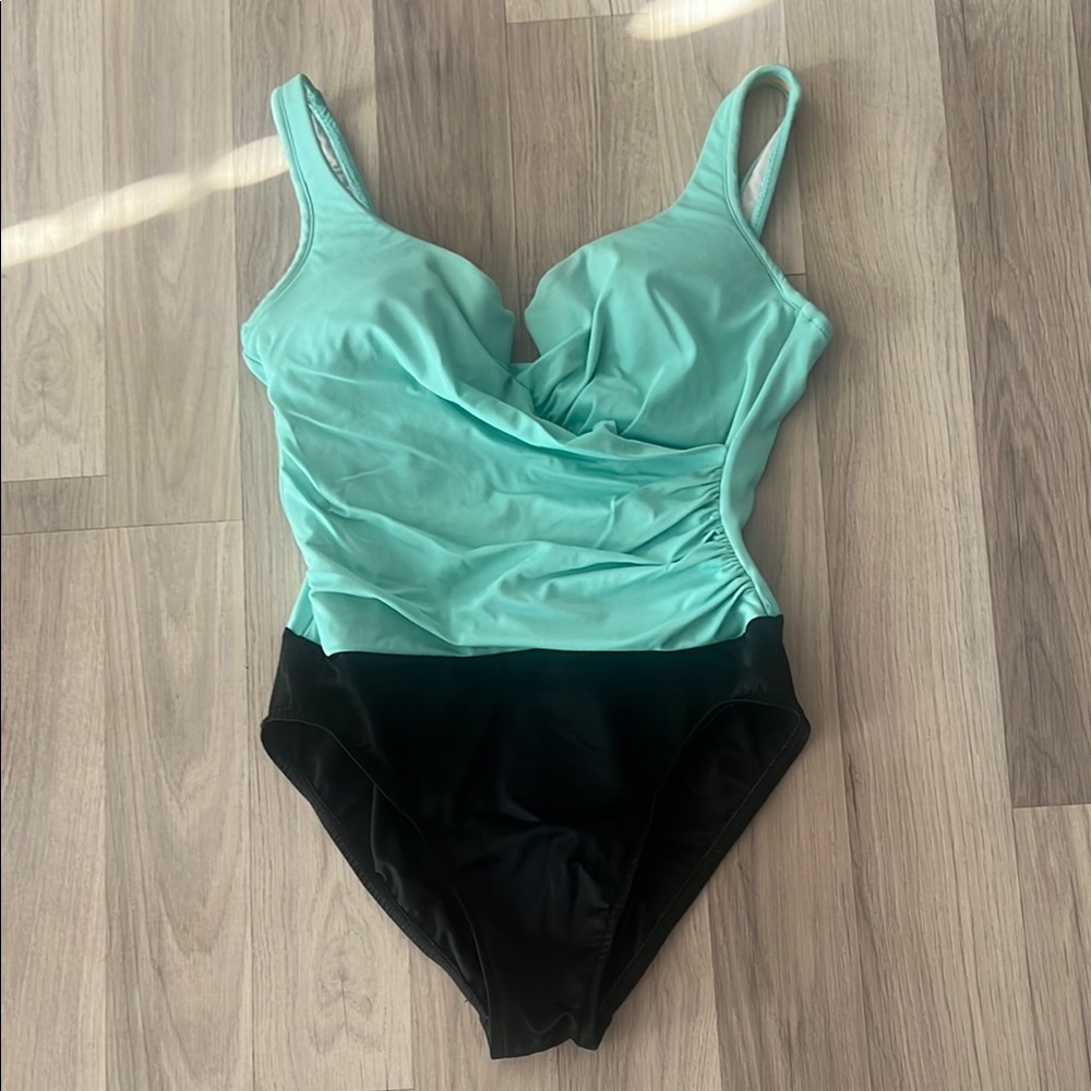 Miraclesuit Aqua and Black One Piece Swimsuit